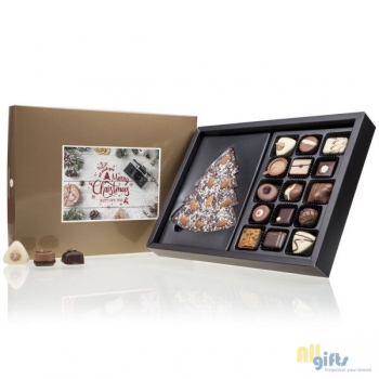Afbeelding van relatiegeschenk:Xmas ChocoPostcard - Maxi - Gold - Pralines Chocolade kerstgeschenk met postkaart
