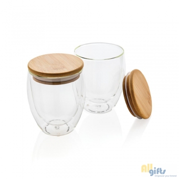Afbeelding van relatiegeschenk:Dubbelwandig borosilicaatglas met bamboe deksel 250ml set
