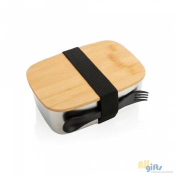 Afbeelding van relatiegeschenk:Roestvrijstalen lunchbox met bamboe deksel en spork