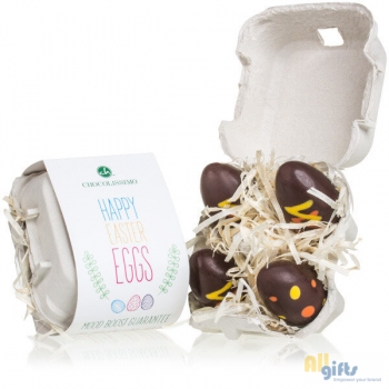 Afbeelding van relatiegeschenk:Happy Eggs Quartet - Chocolade paaseitjes Chocolade paasfiguurtjes