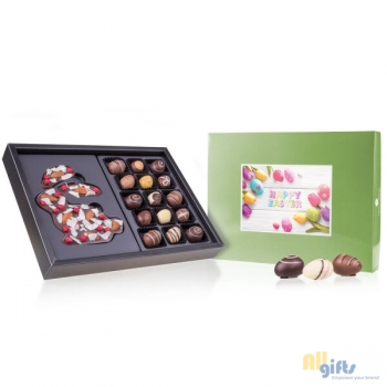 Afbeelding van relatiegeschenk:Pasen - ChocoPostcard - Maxi - Puur - Met chocolade paaseitjes Paaschocolade en een p