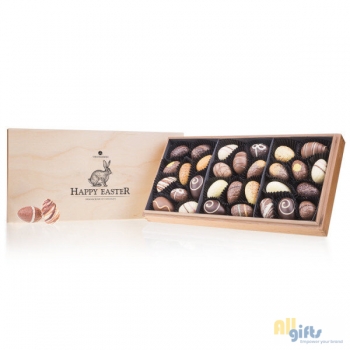 Afbeelding van relatiegeschenk:Premiere Maxi - Easter - Chocolade paaseitjes Chocolade paaseitjes in houten kistje