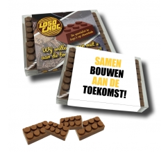 Doosje met 10 chocolade PAAS bouwblokjes inclusief banderol bedrukken