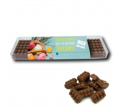 Doosje met 18 chocolade bouwblokjes inclusief banderol bedrukken